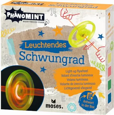 The image shows the packaging of a toy or educational kit called 'PhänoMINT Leuchtendes Schwungrad'. The packaging features illustrations and text describing the product.