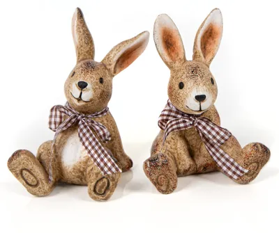 Produktbild von 2 Keramik Osterhasen Figuren Ostern Deko Hasen zum Hinstellen braun 10 cm