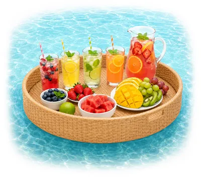 Zdjęcie produktu dla Relaxdays, pływająca taca, 2 w 1: taca do basenu na napoje i przekąski, wymiary: ok. 20x80 cm, rattan, niezatapialna, kolor naturalny