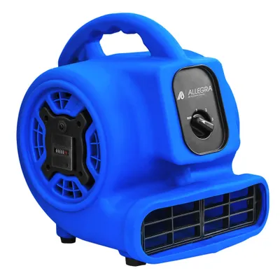 A blue blower fan with a black control panel and vents, isolated on a white background.