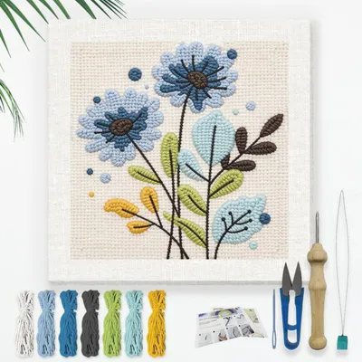 Produktbild von Punch Needle Stickset für Anfänger, 24x24cm Aquarellblumen Boho Pflanze, DIY Bastelset mit Anleitung