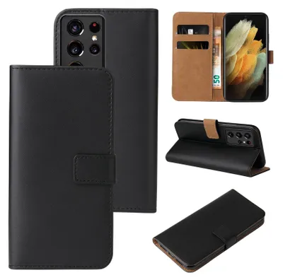 Collage of images showing a black flip case for a Samsung Galaxy S21 Ultra phone, including views of the case open, closed, and from different angles.