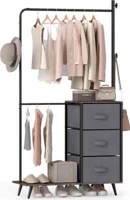 Image de COSTWAY Portemanteau double barre, penderie avec 2 compartiments de rangement, 3 crochets latéraux et 3 tiroirs en tissu, armoire, 95 x 40 x 175 cm