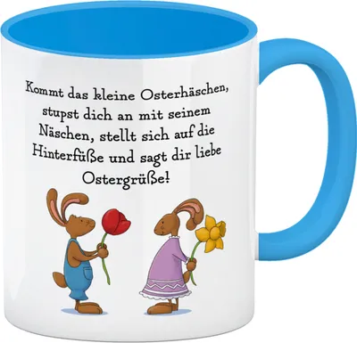 Produktbild von Ostergedicht über Osterhasen Kaffeebecher in hellblau mit Spruch
