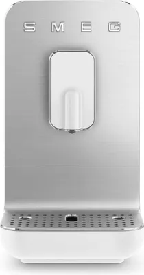 A front view of a white and silver SMEG coffee machine.