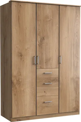 Produktbild von Kleiderschrank "Click" aus Spanplatte in Plankeneiche-Nachbildung mit 3 Schubladen und 3 Türen. Abmessungen (B/H/T) 135x198x58 cm