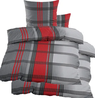 Produktbild von 4-tlg. Seersucker Bettwäsche 2x (135x200 +80x80cm), rot grau schwarz, kariert, bügelfrei, Microfaser