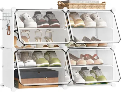 Produktbild von Schuhboxen, Schuhregal Kunststoff, mit Haken, Tür, Schuhaufbewahrung platzsparend : 80 x 60 x 30 cm Weiß Size: 80 x 60 x 30 cm Farbe: Weiß