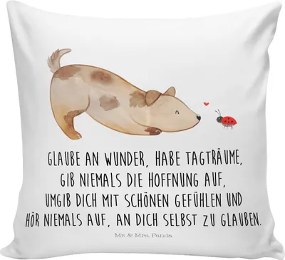 Produktbild von Mr. & Mrs. Panda Dekokissen Sofa Hund Marienkäfer - Weiß - Geschenk, Kissen 40x40, Träume, Mischlingshund, Tierliebhaber, Zuversichtlich, für, Kuschelkissen, Kleines