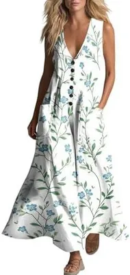 Produktbild von Ärmelloses Strandkleid für Damen aus Leinen, leichtes Freizeit- und Sommerkleid mit Aufdruck, bequeme Maxilänge, V-Ausschnitt, atmungsaktives und elegantes Leinenkleid
