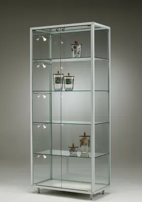 Produktbild von Vitrine C717 - 78 x 41,5 x 183,5 cm, auf Standfüßen / mit LED-Streifenbeleuchtung / Alu silber, Holz lichtgrau