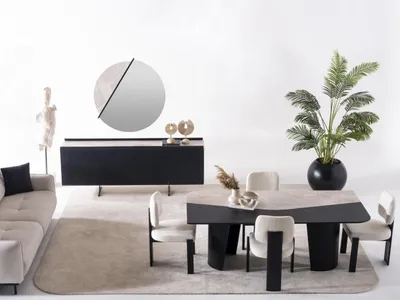 Image de Ensemble de salle à manger en bois multicolore avec table, chaises, buffet