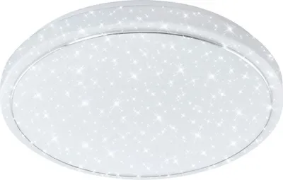 A white, round LED ceiling light with a star-like pattern.