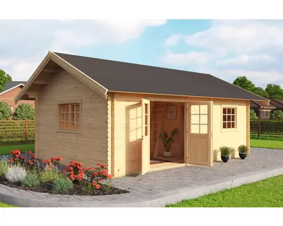Produktbild von Gartenhaus Outdoor Life Caroline Set Gold inkl. Fußboden, Schlafboden, Isolierglas 675 x 489,9 cm natur