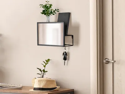 Produktbild von Kleine Wandgarderobe Schwarz mit Ablage & Spiegel Flurgarderobe Eingangsbereich