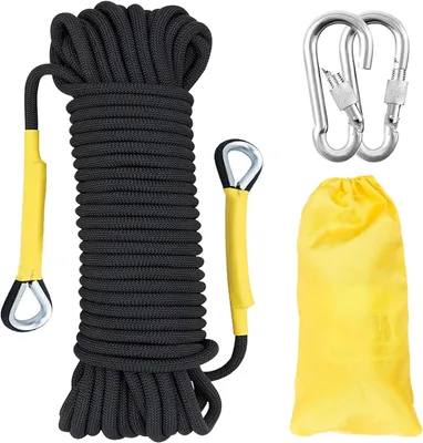 Produktbild von Statisches Seil 30 m x 10 mm mit 2 Stahlhaken – Outdoor-Seil für Camping, Wandern, Angeln und Ziehen – Schwarz