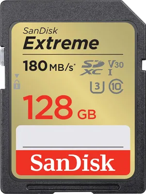 A close-up, front-facing studio shot of a SanDisk Extreme 128GB SDXC memory card.