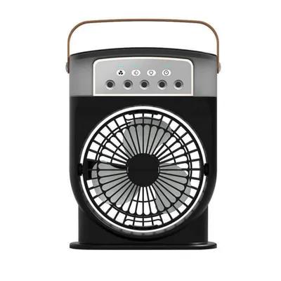 A black portable fan with a handle and control buttons on top.
