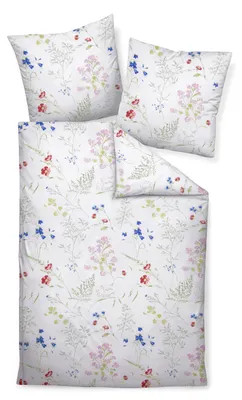 Produktbild von Traumschloss Soft-Seersucker Sommer Bettwäsche - Pflanzen in rot, blau und pink 135 x 200 cm weiße Bettwäsche verziert mit Blumen und Sträuchern