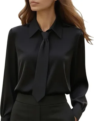 Produktbild von ASKSA Damen Bluse Krawatte Langarm Elegante Oberteile Buero Casual Hemdbluse Schlichtes Business Langarmshirt (Schwarz,M)