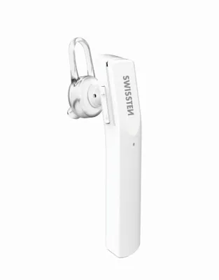 A white Bluetooth headset is shown against a white background.