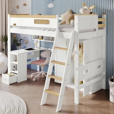 Image de OKWISH Lit Mezzanine Enfant 90x200 cm - Lit Bois avec Bureau, Rangement et Échelle à 4 Niveaux, Blanc et Naturel - Sans Matelas