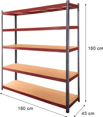 Zdjęcie produktu dla Regał magazynowy metalowy warsztatowy Mega-M Basic Plus 180x180x45 cm 5 półek grafitowy/czerwony 1375kg