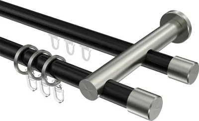 Produktbild von Interdeco Rundrohr-Innenlaufstange / Gardinenstange (Kombination) Schwarz / Edelstahl-Optik, Typ Platon Santo (Kappe), 20 mm Ø 2-läufig, 120 cm