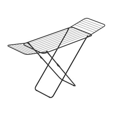 A black metal drying rack is shown against a white background.