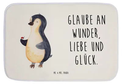 Produktbild von Mr. & Mrs. Panda Badteppich Pinguin Marienkäfer - Weiß - Geschenk, Badvorleger, Aufmerksam, Badematte, badezimmermatte, Lebensfreude, Glück, Badezimmerteppich, Liebe