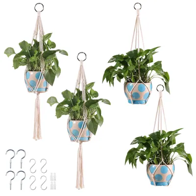 Imagen del producto de Soportes para plantas de macramé de algodón, juego de 4 unidades, con ganchos y tornillos, para uso en interiores y exteriores