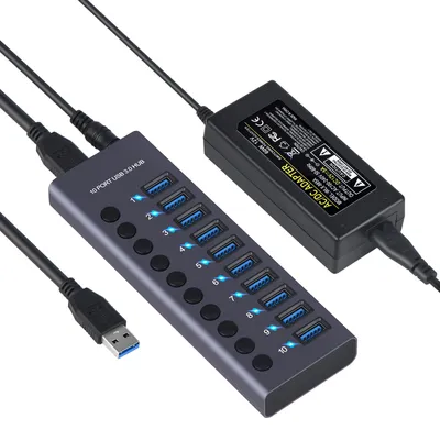 Produktbild von 985A 10-Port USB 3.0 Hub, USB-Splitter-Hub, USB-Dockingstation, 300 MB/s High-Speed-Übertragung mit Einzelschaltern, 12 V 5 A Netzteil für Laptop, PC,