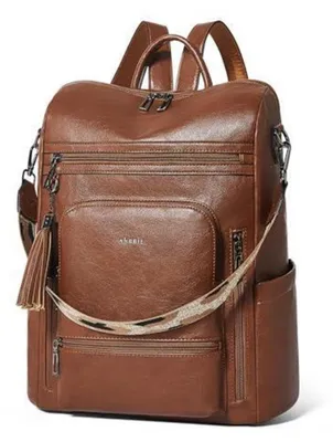 Immagine prodotto di Zaino da donna in ecopelle, con scomparto per laptop da 15,6 pollici, idrorepellente, color marrone, ideale per lavoro e uso professionale