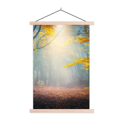 Produktbild von MuchoWow® Textilposter Wald - Nebel - Herbst 60x90 cm mit holzfarbenen Rahmen - Textil