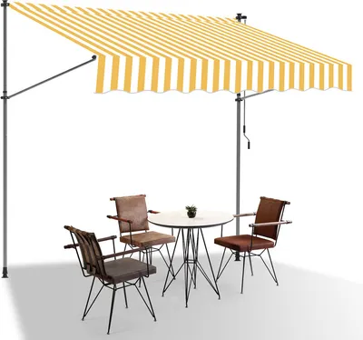 Immagine prodotto di Tenda da sole a morsetto Clanmacy 200x120 cm Tenda da sole per balcone regolabile in altezza con manovella Protezione solare senza forature per terrazze e balconi Giallo Bianco