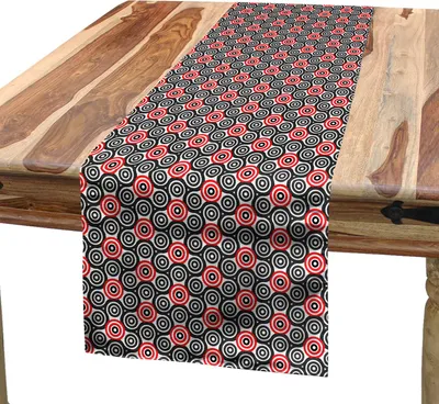 Produktbild von ABAKUHAUS Geometrischer Kreis Tischläufer, Interlace Spiral Labyrinth Blind Oval verknüpfte Mosaik künstlerische Bild drucken, 40 x 300 cm, Schwarz Rot