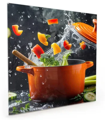 Produktbild von Küchenrückwand Spritzschutz Glas mit Motiv Kochtopf mit Gemüse 40 x 40 cm