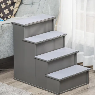 Produktbild von Haustiertreppe 4-stufig, Hundetreppe Katzentreppe Einstiegshilfe, MDF Kurzplüsch rutschfest, Grau | 40 x 59 x 54,2 cm | bis 30 kg