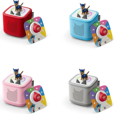 Four different colored Tonies Toniebox play sets with Paw Patrol Chase figures.