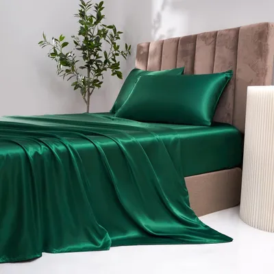 Productafbeelding van Satijnen hoeslaken, 90 x 200 cm, donkergroen, zijdeglans, hoogwaardig satijn, geschikt voor matrassen tot 30 cm dik