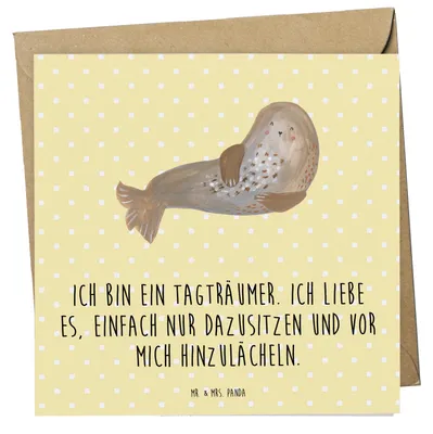 Produktbild von Mr. & Mrs. Panda Grußkarte Robbe Lachen - Gelb Pastell - Geschenk, Glückwunschkarte, Robben, Lustige Sprüche, anlasskarte, Nordsee, doppelkarte, Klappkarte, Ostsee