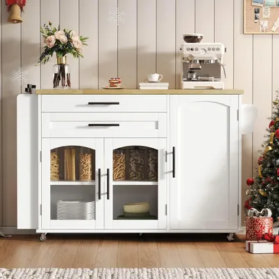 Produktbild von Weiße mobile Kücheninsel 138x70x88.4cm mit klappbarer Arbeitsfläche, Küchenwagen auf 5 Rädern, mehreren Aufbewahrungslösungen, Gewürzregal und Besteckschublade