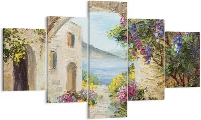 Produktbild von Bild auf Leinwand - Leinwandbild - 5 Teile - Haus Santorini Blumen - 125x70cm - Wand Bild - Wanddeko - Wandbilder - Leinwanddruck - Bilder - Wanddekoration - Leinwand bilder - Wandbild - EA125x70-4191