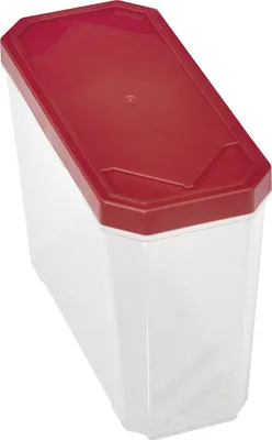 A clear plastic storage box with a red lid, shown from a diagonal angle.