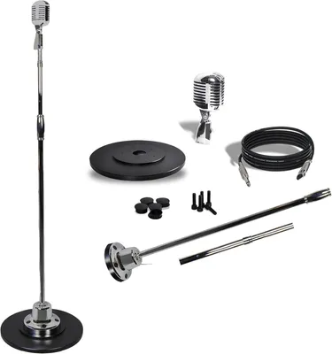 Produktbild von Pyle Retro Mikrofon Set mit Mikrofonständer– Vintage Microphone Set with Microphone Stand, Mic Stand– Rockabilly Dynamisches Mikrofon