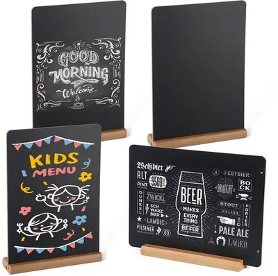 Obrázok produktu pre Sada štyroch tabúľ na písanie kriedou Unyqoos®, rozmery 22 x 30 cm, obojstranné, s drevenými podstavcami a zlatou slučkou na zavesenie, ideálne na menu a označenie stolov