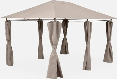 A taupe gazebo with curtains hanging from the frame.