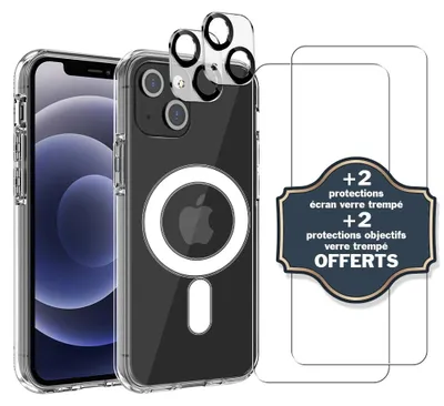 Produktbild von Sturzsichere Hülle für iPhone 13, kompatibel mit MagSafe, transparent + 2 Displayschutzfolien und 2 Objektivschutzfolien - EVETANE
