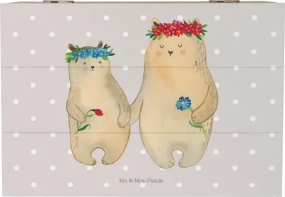 Produktbild von Mr. & Mrs. Panda Holzbox Bären mit Blumenkranz 22 x 15 cm - Grau Pastell - Geschenk, Holztruhe, schmuckbox, Kinder, Mama, fotobox, Box, Geschenkbox, Schatulle, Familie
