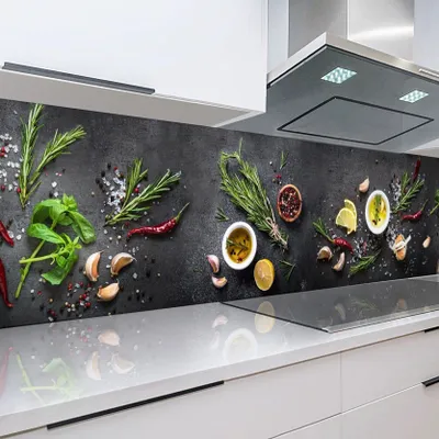 Produktbild von Küchenrückwand Gewürze 60 x 400 cm, robuste ABS-Kunststoff Platte Monolith mit Direktdruck, grau, schwarz